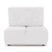 Front facing back view of a contemporary white chenille trapezoidal armless chair with an adjustable back on a white background