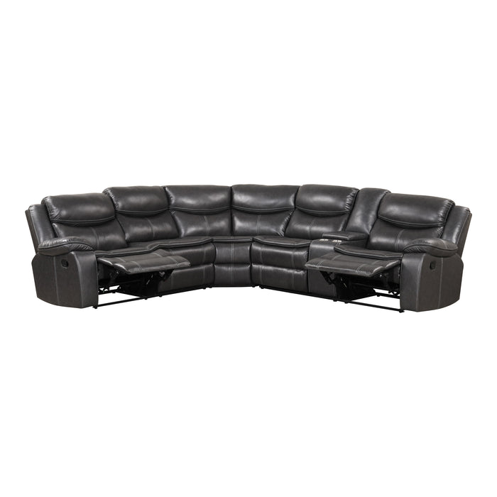 Front facing transitional dark grey faux leather reclining sectional sofa with a storage console on a white background