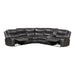 Front facing transitional dark grey faux leather reclining sectional sofa with a storage console on a white background