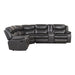 Right facing transitional dark grey faux leather reclining sectional sofa with a storage console on a white background