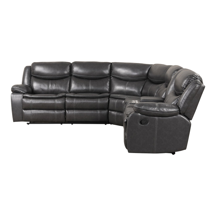 Left facing transitional dark grey faux leather reclining sectional sofa with a storage console on a white background