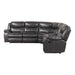 Left facing transitional dark grey faux leather reclining sectional sofa with a storage console on a white background