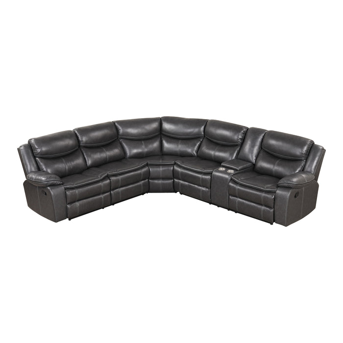 Front facing transitional dark grey faux leather reclining sectional sofa with a storage console on a white background