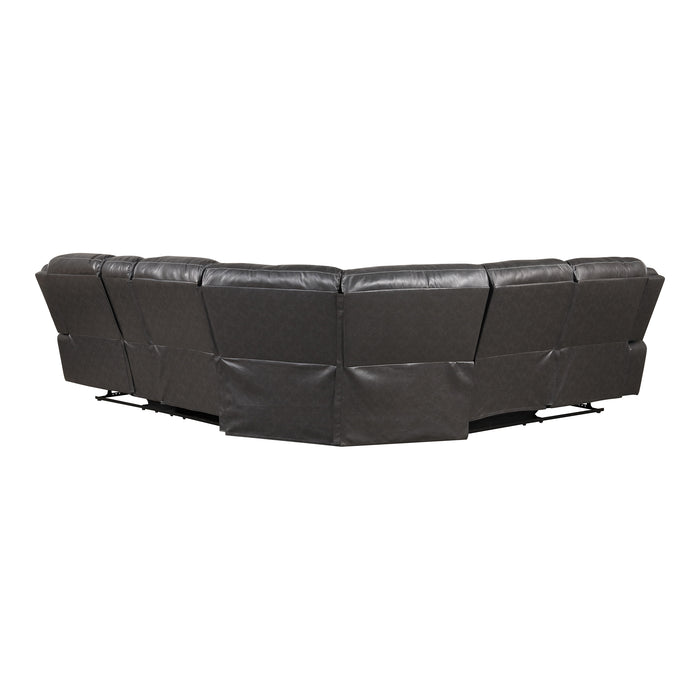 Front facing back view of a transitional dark grey faux leather reclining sectional sofa with a storage console on a white background