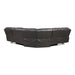Front facing back view of a transitional dark grey faux leather reclining sectional sofa with a storage console on a white background