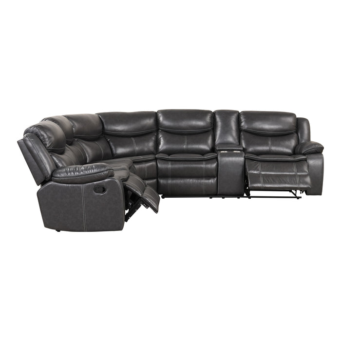 Right facing transitional dark grey faux leather reclining sectional sofa with a storage console on a white background