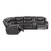 Right facing transitional dark grey faux leather reclining sectional sofa with a storage console on a white background