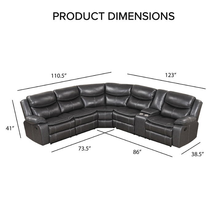 Informational image of the dimensions of a transitional dark grey faux leather reclining sectional sofa with a storage console 