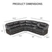 Informational image of the dimensions of a transitional dark grey faux leather reclining sectional sofa with a storage console 