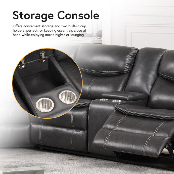 Informational image of the storage console of a transitional dark grey faux leather reclining sectional sofa with a storage console 