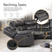 Informational image of the reclining seats of a transitional dark grey faux leather reclining sectional sofa with a storage console 