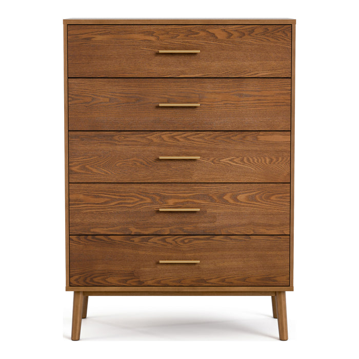 Front facing mid-century modern walnut finish five-drawer chest on a white background