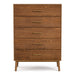 Front facing mid-century modern walnut finish five-drawer chest on a white background