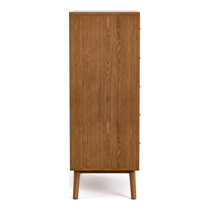 Front facing side view of a mid-century modern walnut finish five-drawer chest on a white background