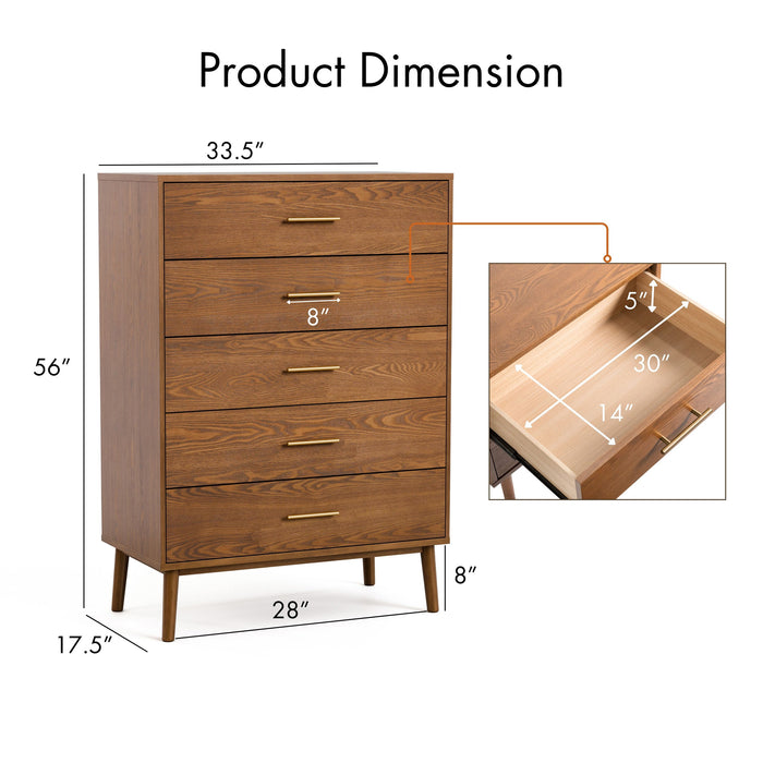 Informational image of the product dimensions of a mid-century modern walnut finish five-drawer chest