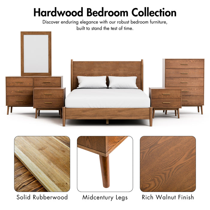 Informational image of the hardwood bedroom collection that includes a mid-century modern walnut finish five-drawer chest