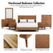 Informational image of the hardwood bedroom collection that includes a mid-century modern walnut finish five-drawer chest