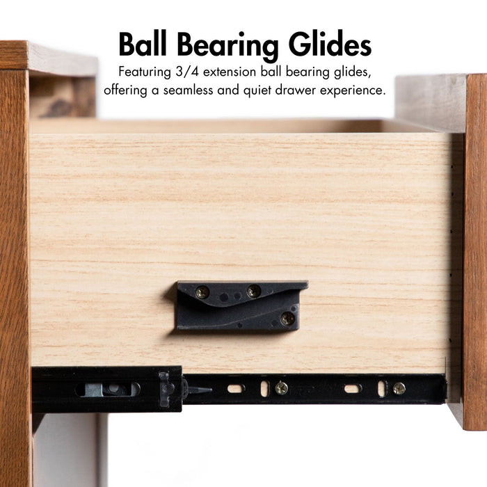 Informational image of the ball bearing glides of a mid-century modern walnut finish five-drawer chest