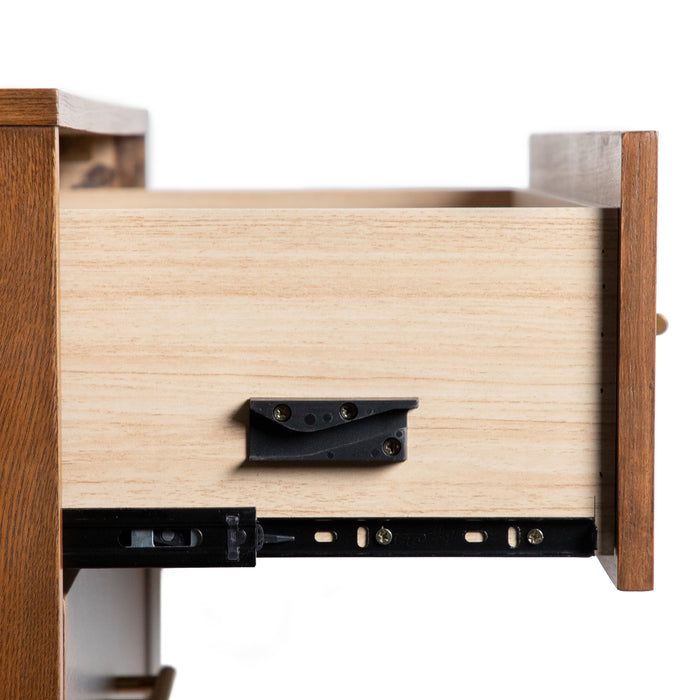 Front facing close up side view of the open drawer and glides on a mid-century modern walnut finish six-drawer dresser on a white background