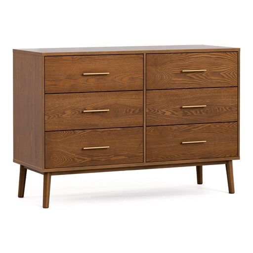 Right facing mid-century modern walnut finish six-drawer dresser on a white background