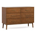Right facing mid-century modern walnut finish six-drawer dresser on a white background