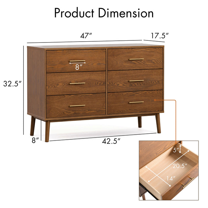 Informational image of the product dimensions of a mid-century modern walnut finish six-drawer dresser