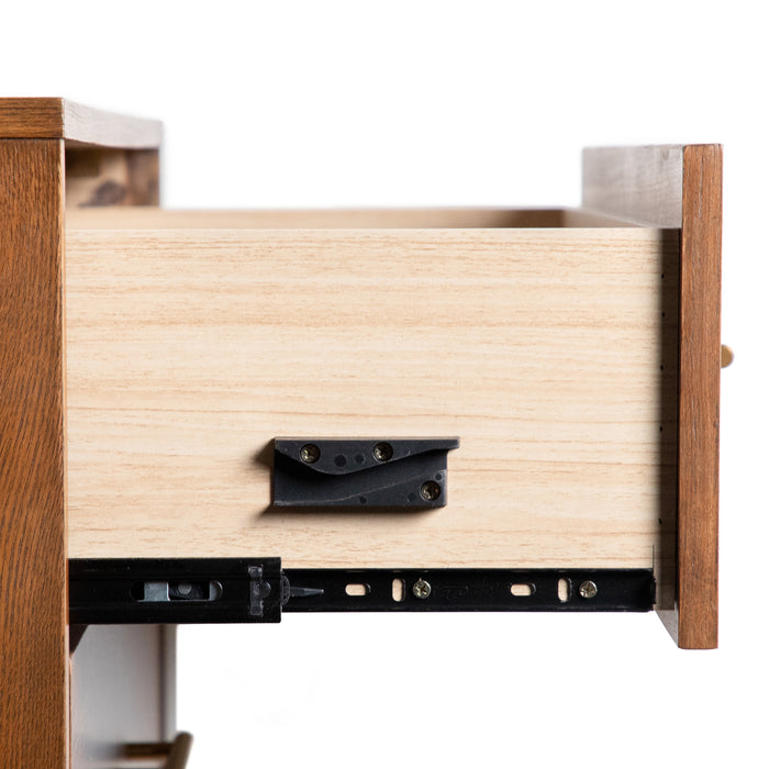 Front facing close up side view of the open drawer and glides on a mid-century modern walnut finish two-drawer nightstand on a white background