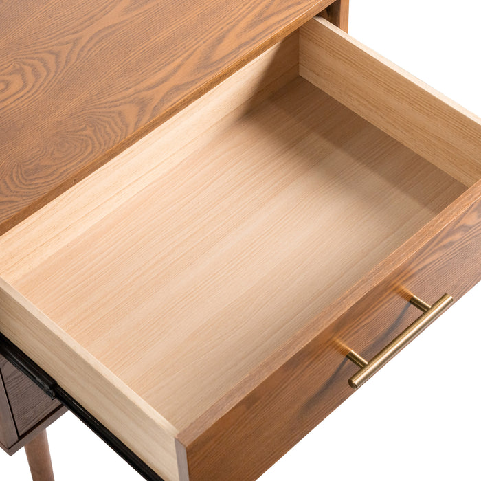 Right facing close up view of an open drawer on a mid-century modern walnut finish two-drawer nightstand on a white background