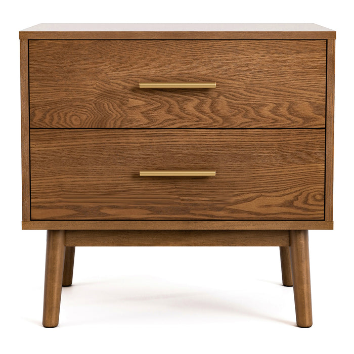 Front facing mid-century modern walnut finish two-drawer nightstand on a white background