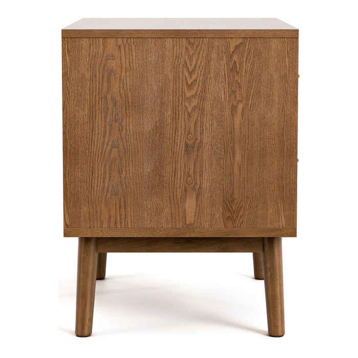Front facing side view of a mid-century modern walnut finish two-drawer nightstand on a white background