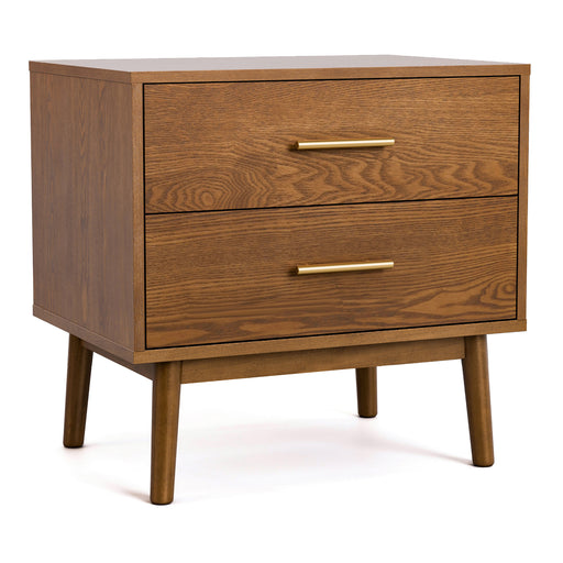 Right facing mid-century modern walnut finish two-drawer nightstand on a white background