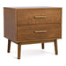 Right facing mid-century modern walnut finish two-drawer nightstand on a white background