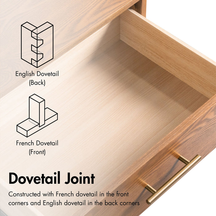 Informational image of the dovetail joints of a mid-century modern walnut finish two-drawer nightstand