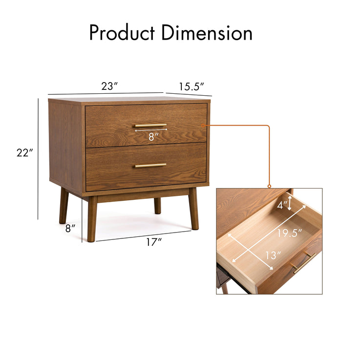 Informational image of the product dimensions of a mid-century modern walnut finish two-drawer nightstand