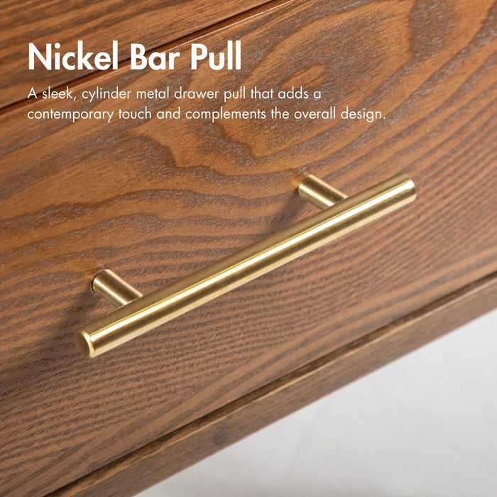 Informational image of the nickel bar pulls of a mid-century modern walnut finish two-drawer nightstand