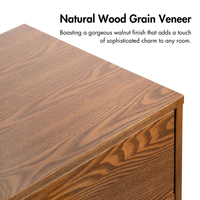 Informational image of the natural wood grain veneer of a mid-century modern walnut finish two-drawer nightstand