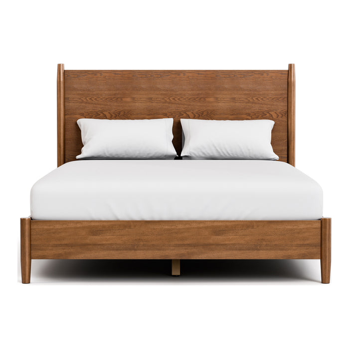 Front facing mid-century modern walnut finish queen bed on a white background