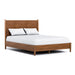 Right facing mid-century modern walnut finish queen bed on a white background