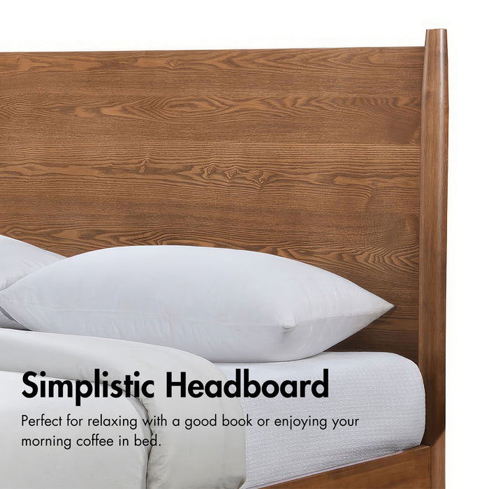 Informational image of the simple headboard of a mid-century modern walnut finish queen bed