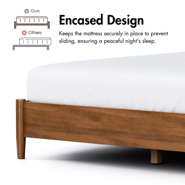 Informational image of the encased design of a mid-century modern walnut finish queen bed