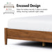 Informational image of the encased design of a mid-century modern walnut finish queen bed