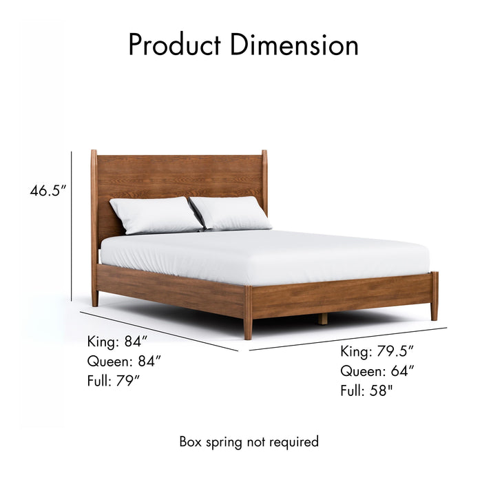 Informational image of the product dimensions of a mid-century modern walnut finish queen bed