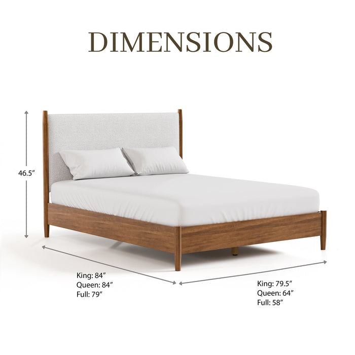 Informational image of the product dimensions of a mid-century modern walnut finish and beige boucle queen bed