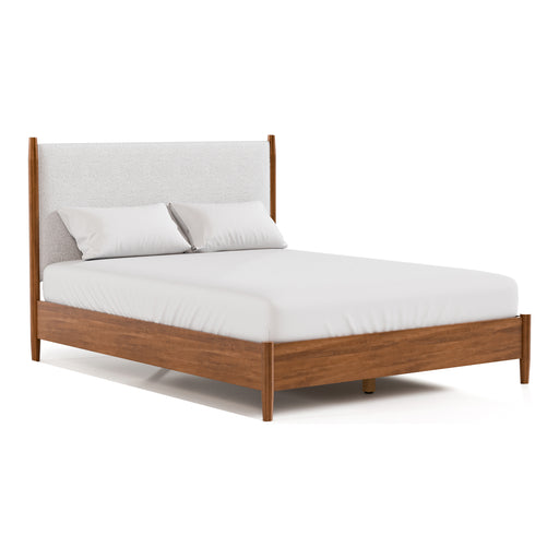 Right facing mid-century modern walnut finish and beige boucle queen bed on a white background