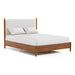 Right facing mid-century modern walnut finish and beige boucle queen bed on a white background