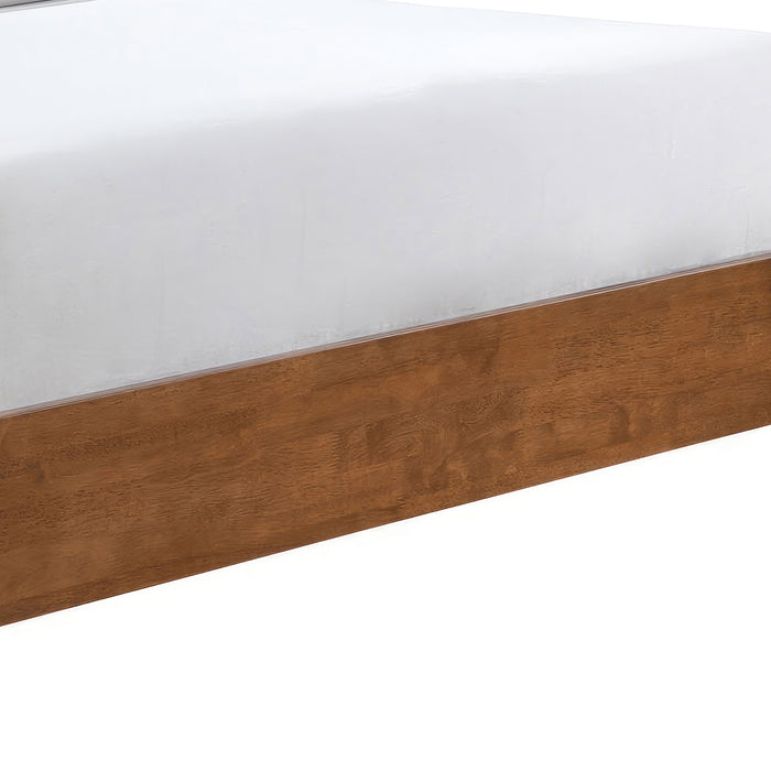 Left facing close up view of the side rail on a mid-century modern walnut finish and beige boucle queen bed on a white background