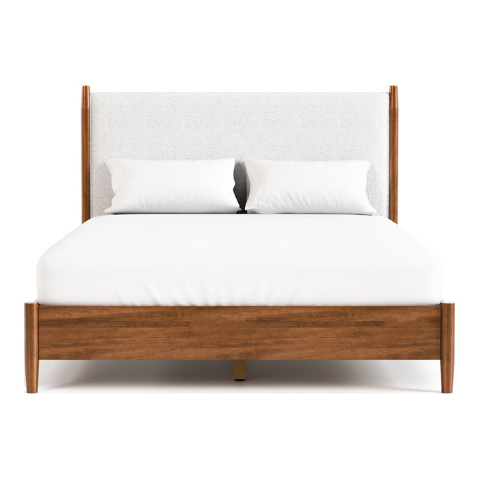 Front facing mid-century modern walnut finish and beige boucle queen bed on a white background