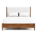 Front facing mid-century modern walnut finish and beige boucle queen bed on a white background