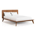 Right facing mid-century modern walnut finish rounded corner queen bed on a white background