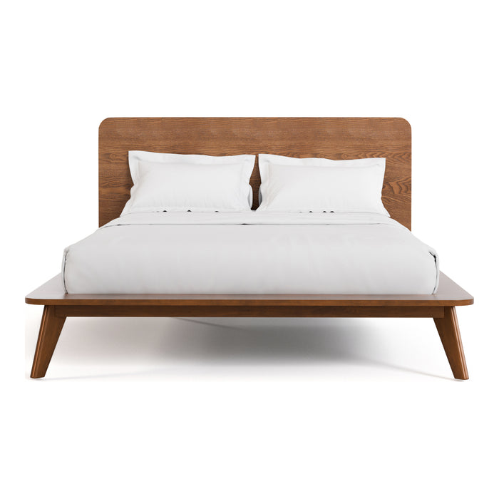 Front facing mid-century modern walnut finish rounded corner queen bed on a white background